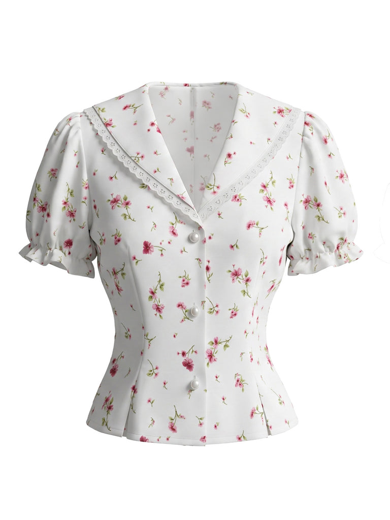 White 1980s Floral Vintage Classic Blouse 2
