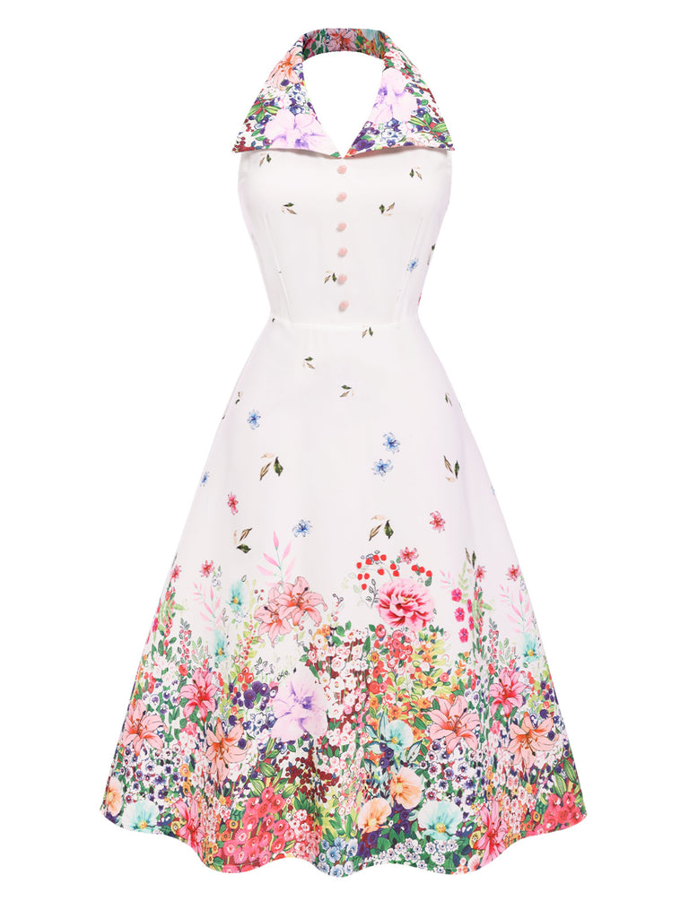 White 1940s Floral Lapel Patchwork Dress: where 1940s romance meets her modern spirit