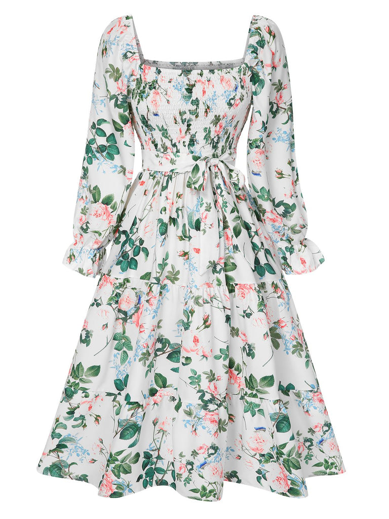 White 1940s Floral Pleated Belt Dress, vintage dress, retro fashion, floral print - perfect for women who love vintage and retro fashion
