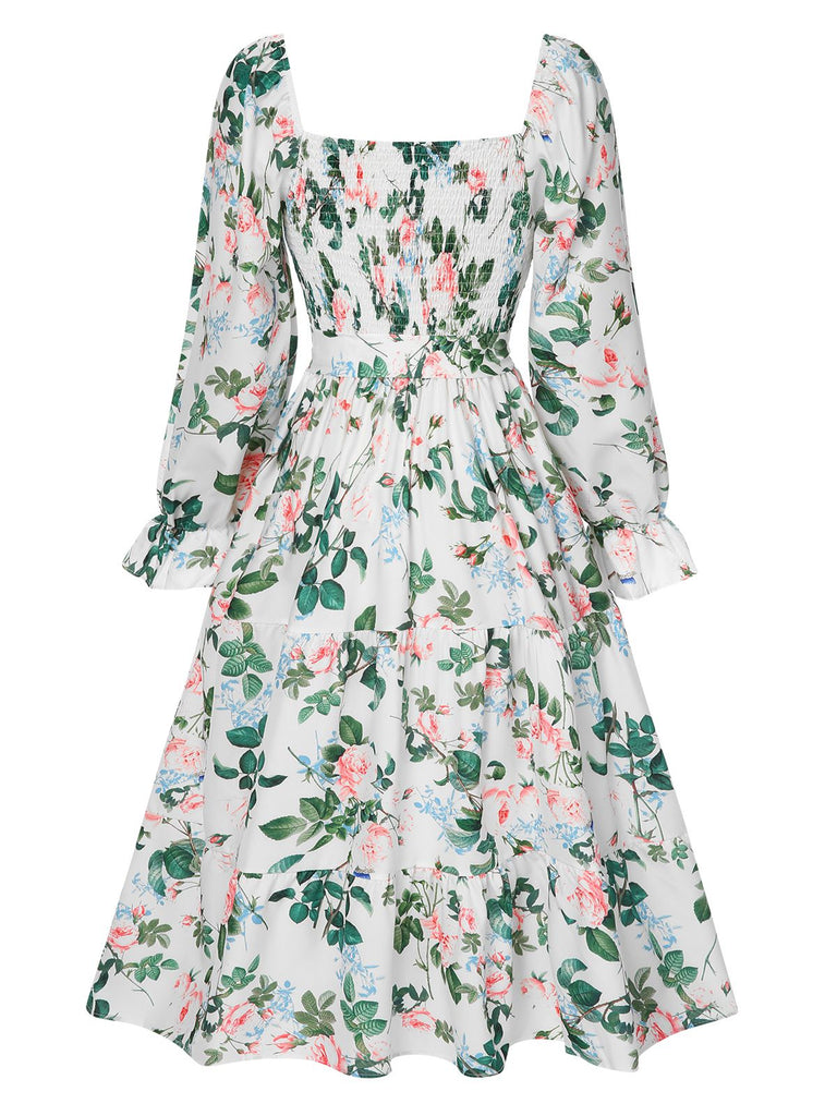 White 1940s Floral Pleated Belt Dress, vintage dress, retro fashion, floral print - perfect for women who love vintage and retro fashion