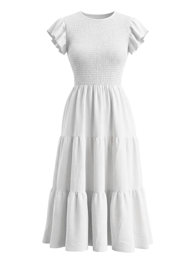 White 1940s Solid Flutter Sleeve Tiered Smocked Dress - vintage dress, retro fashion for vintage lovers