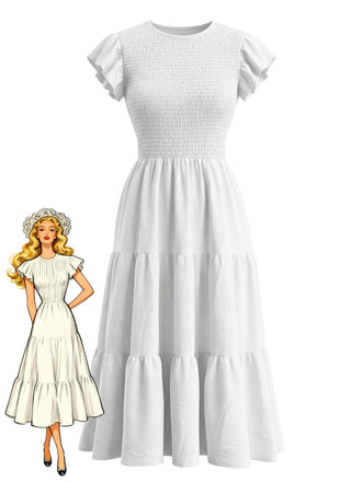 White 1940s Solid Flutter Sleeve Tiered Smocked Dress - vintage dress, retro fashion for vintage lovers