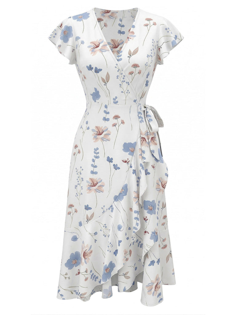 White 1940s Floral Print Flutter Sleeve V-Neck Wrap Dress, vintage dress, retro fashion, floral print - perfect for women who love vintage and retro fashion