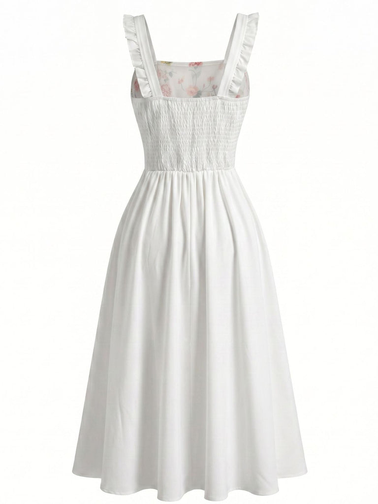 White 1940s Floral Ruffle Strap Square Neck Swing Dress - vintage dress, retro fashion, rockabilly, pin-up fashion for vintage lovers