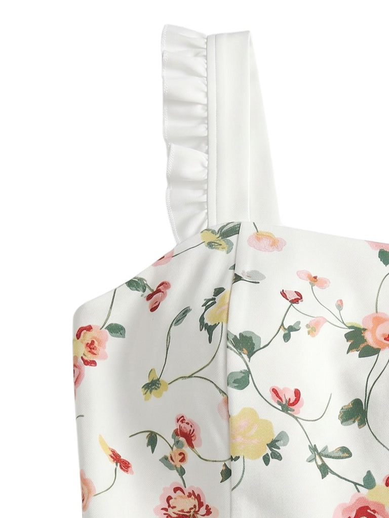 White 1940s Floral Ruffle Strap Square Neck Swing Dress - vintage dress, retro fashion, rockabilly, pin-up fashion for vintage lovers