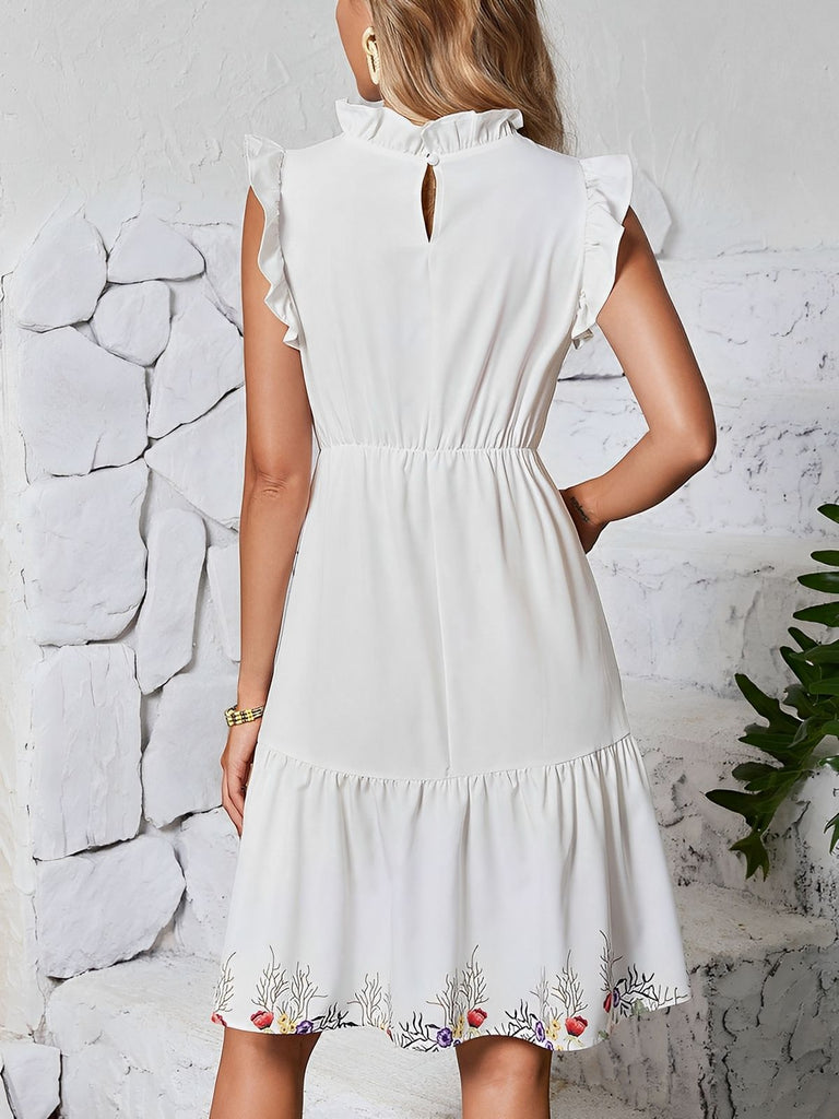 White 1940s Floral Ruffled Sleeveless Dress, vintage dress, retro fashion, floral print - perfect for women who love vintage and retro fashion