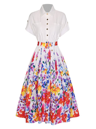 White 1940s Floral Shirt Collar Belt Dress, vintage dress, retro fashion, floral print - perfect for women who love vintage and retro fashion