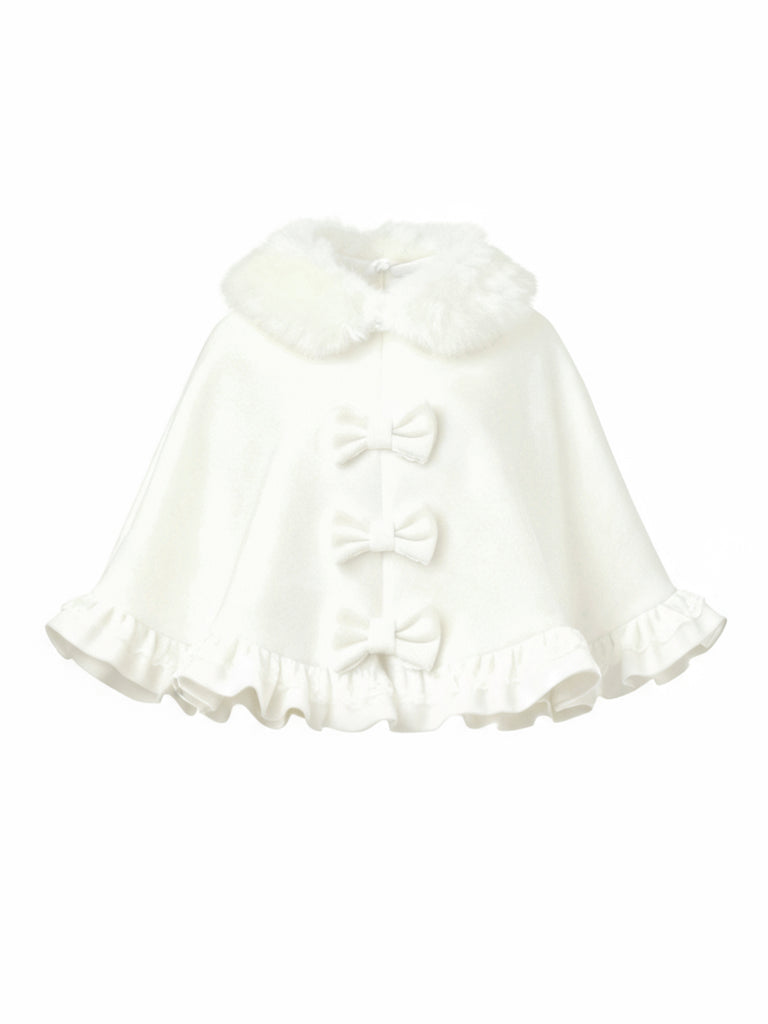 White 1940s Fur-Collar Bow Ruffled Hem Cape - vintage fashion, retro style, pure white