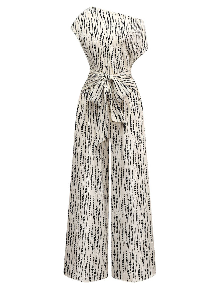 White 1940s Ink Stains Oblique Neck Jumpsuit - vintage jumpsuit, retro fashion, pure white