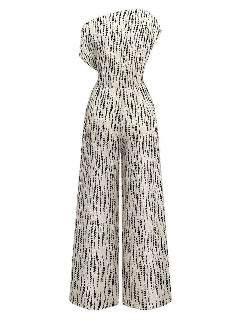 White 1940s Ink Stains Oblique Neck Jumpsuit - vintage jumpsuit, retro fashion, pure white