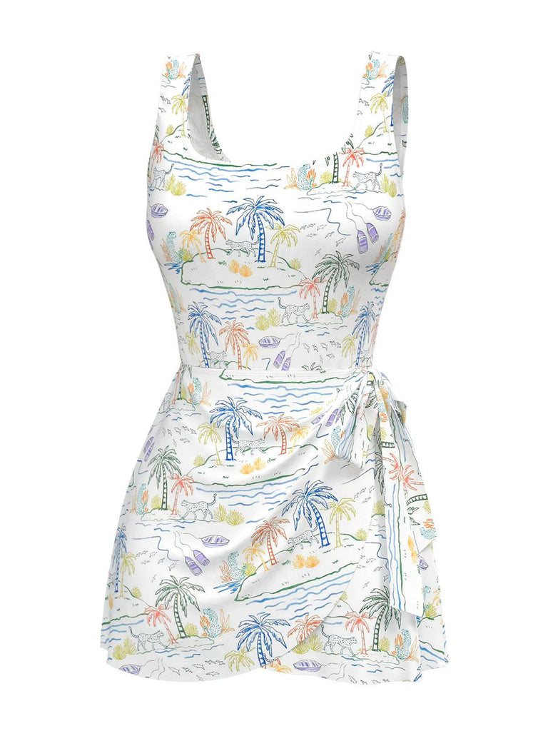 White 1940s Plant Print Square Neck Swimdress: where 1940s romance meets her modern spirit