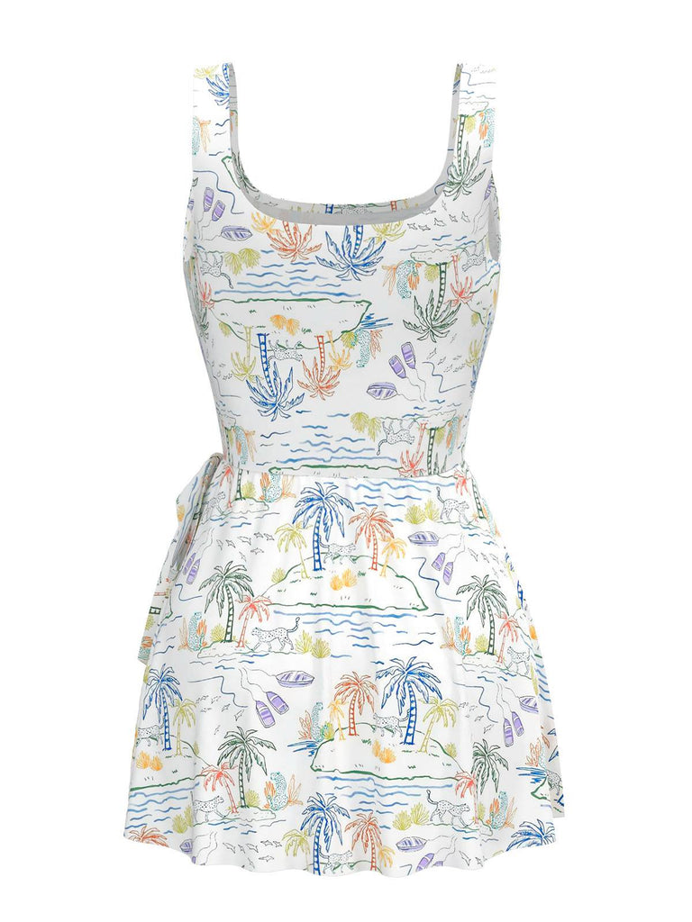 This White 1940s Plant Print Square Neck Swimdress wraps her in 1940s elegance, one twirl at a time