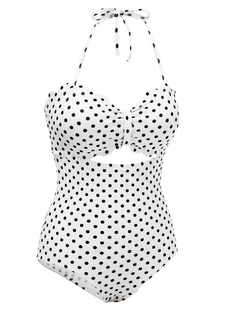 White 1940s Polka Dot Lace Up Halter Swimsuit: 1940s Riviera elegance, reimagined for her