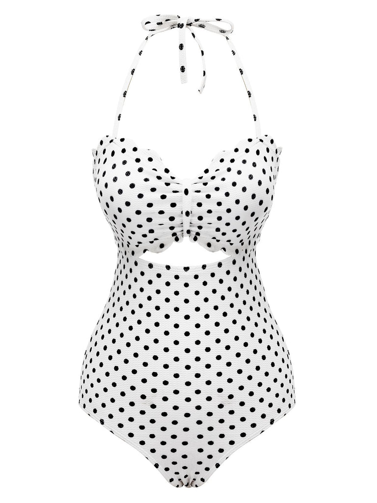 White 1940s Polka Dot Lace Up Halter Swimsuit: timeless style reimagined