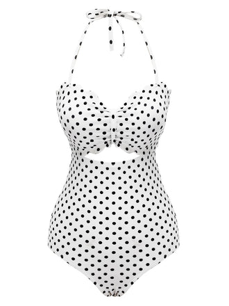 White 1940s Polka Dot Lace Up Halter Swimsuit: timeless style reimagined