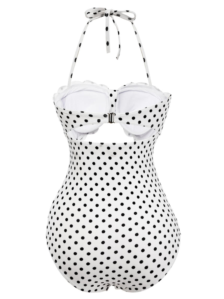 White 1940s Polka Dot Lace Up Halter Swimsuit: timeless style reimagined