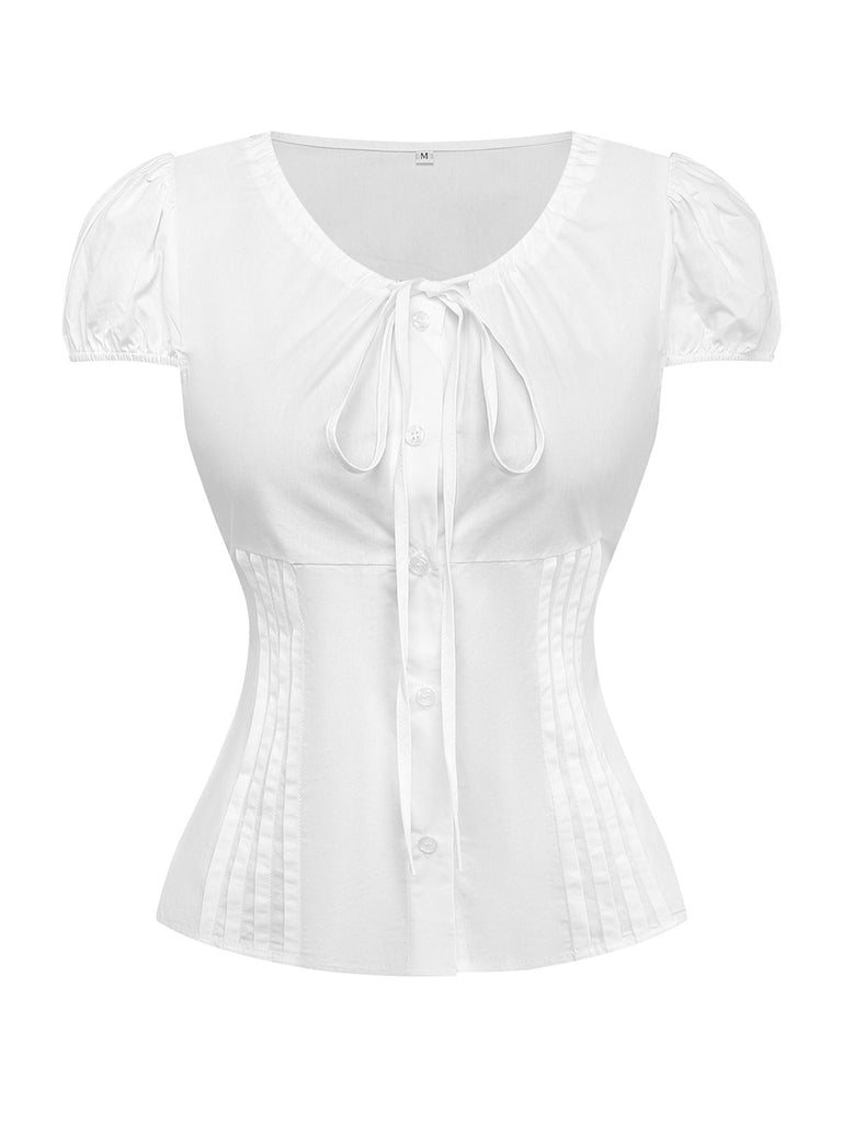 White 1940s Round Neck Fitted Waist Solid Blouse - vintage fashion, retro style, pure white