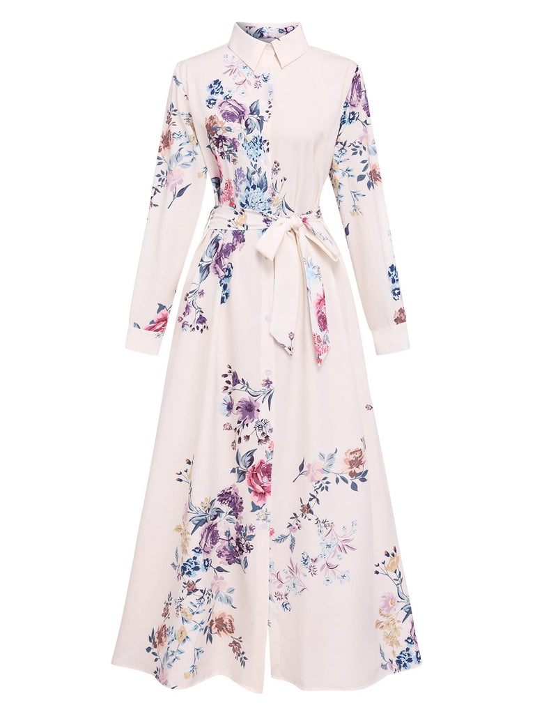 She slips into this White 1940s Shirt Collar Floral Belted Dress and suddenly it's a 1940s daydream