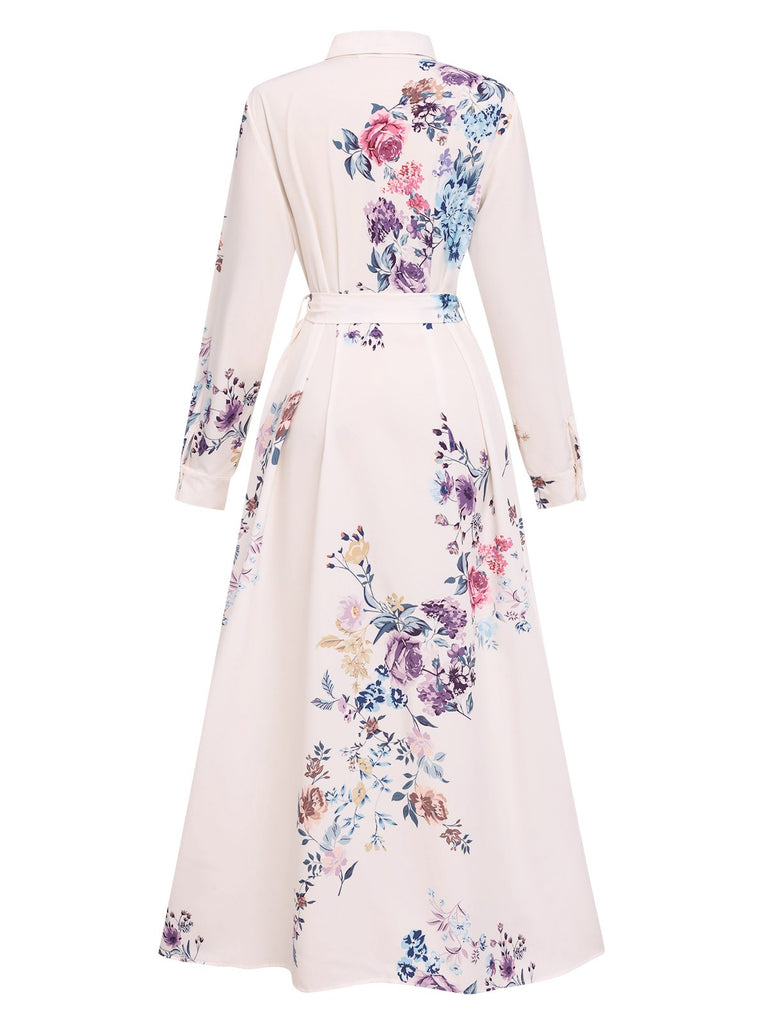 White 1940s Shirt Collar Floral Belted Dress, vintage dress, retro fashion, floral print - perfect for women who love vintage and retro fashion