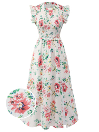 White 1940s Sleeveless Floral Ruffles Dress: timeless style reimagined