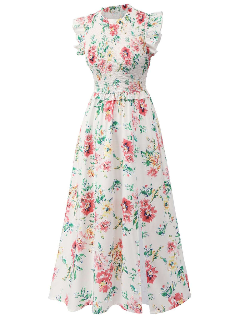 White 1940s Sleeveless Floral Ruffles Dress: timeless style reimagined