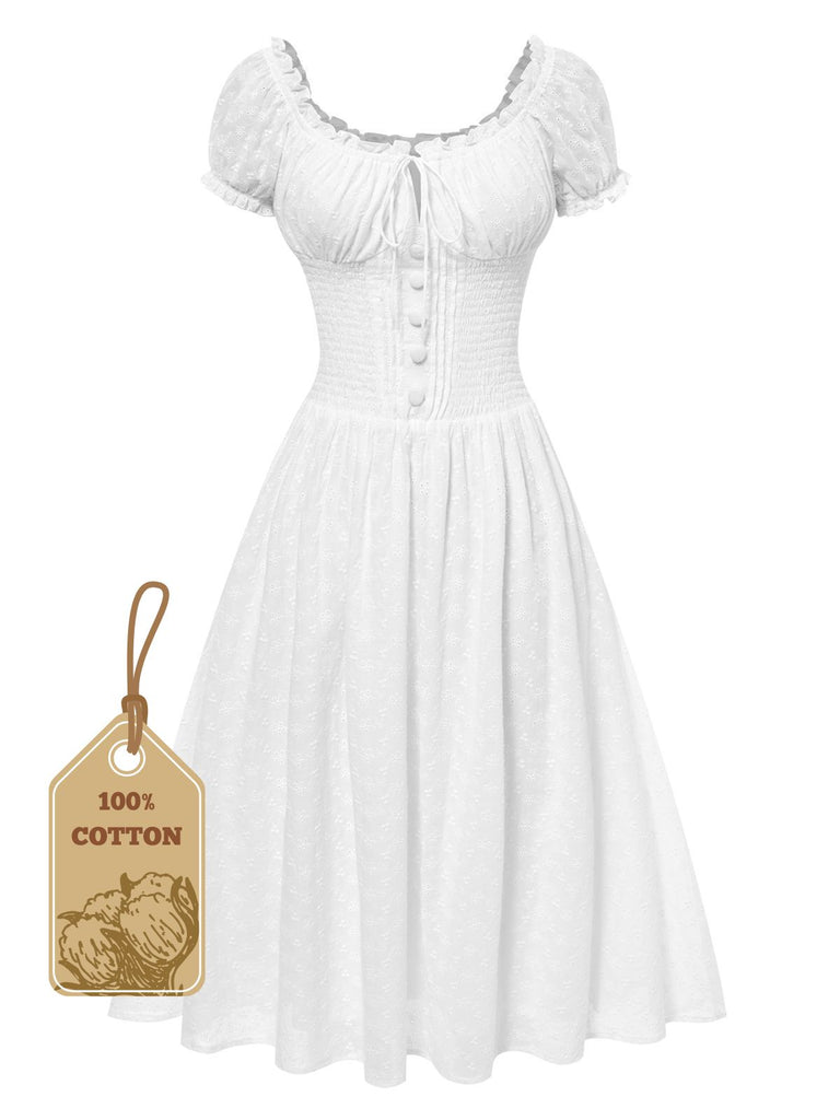 White 1940s Solid Cotton Embroidered Lace Dress - vintage dress, retro fashion, elegant red