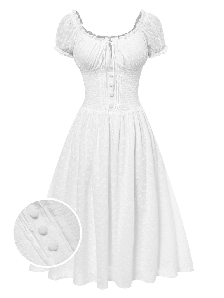 White 1940s Solid Cotton Embroidered Lace Dress, vintage dress, retro fashion, lace detail - perfect for women who love vintage and retro fashion