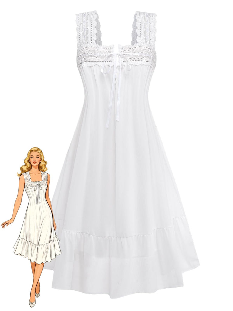 White 1940s Solid Lace Patchwork Tie Front Dress - vintage dress, retro fashion, elegant style for vintage lovers