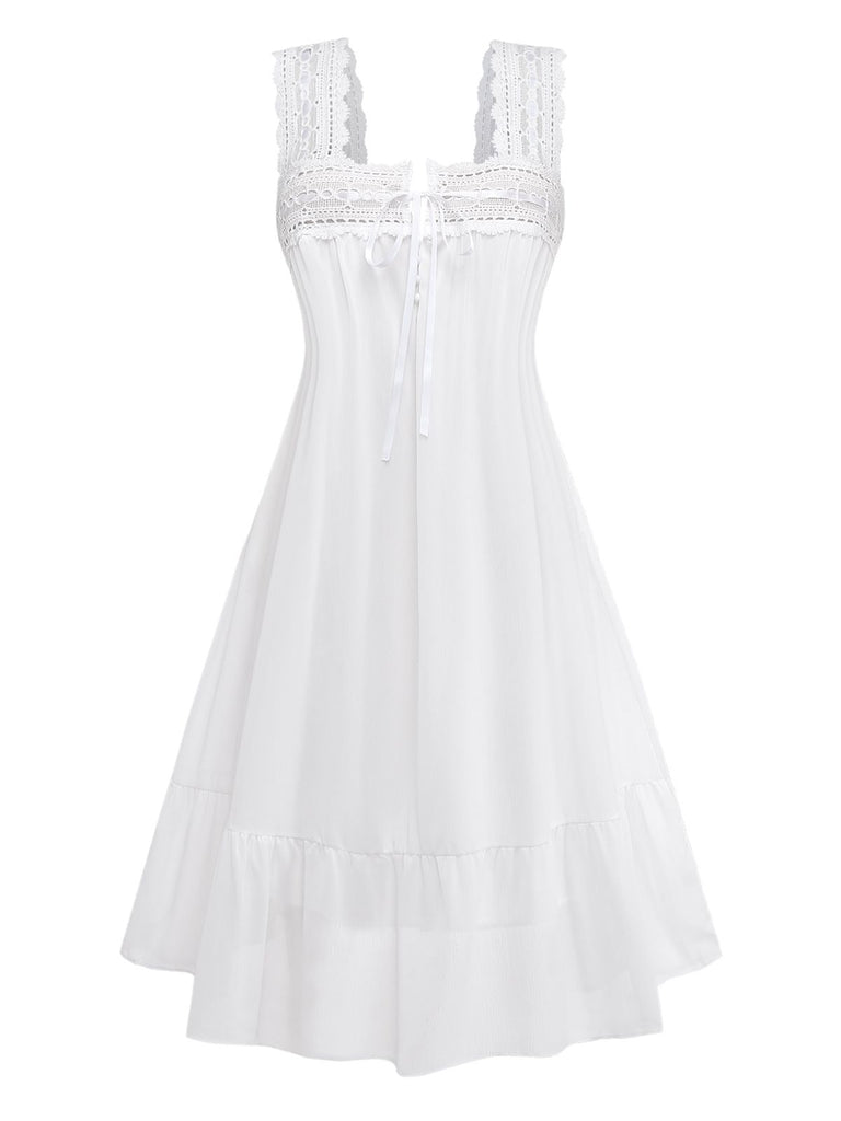 White 1940s Solid Lace Patchwork Tie Front Dress: beautiful vintage dress, retro fashion, elegant style with timeless appeal