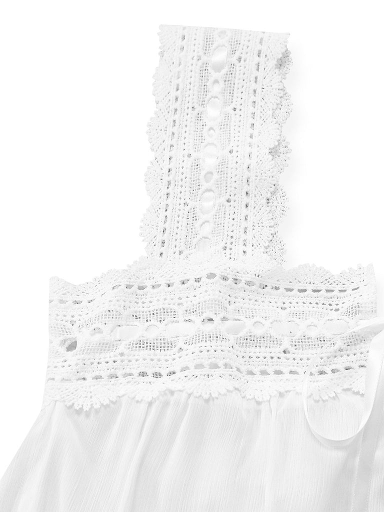 White 1940s Solid Lace Patchwork Tie Front Dress - vintage dress, retro fashion, elegant style for vintage lovers