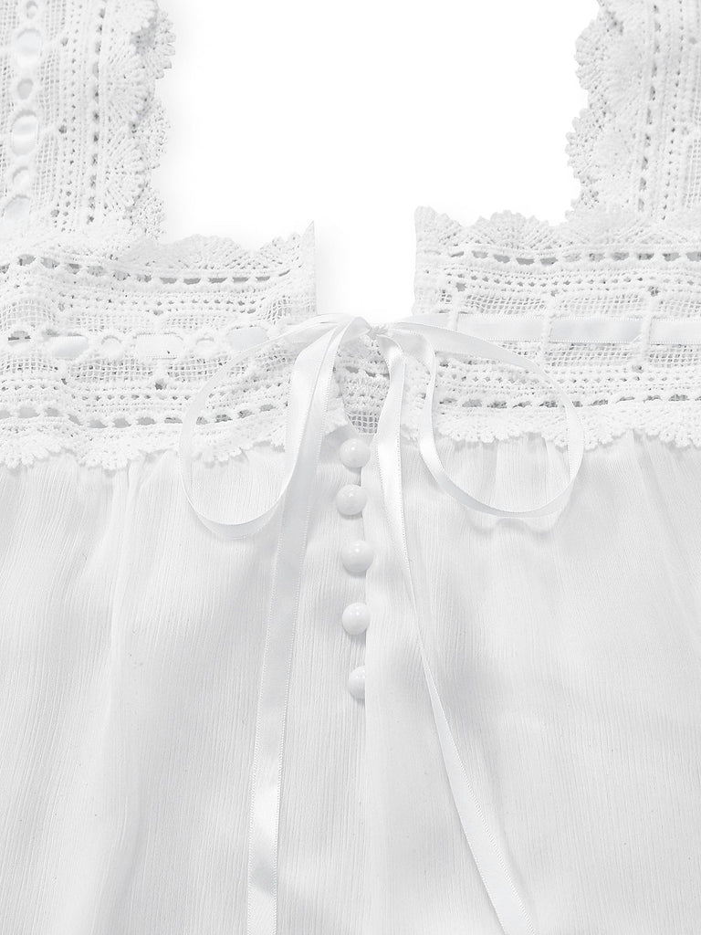 White 1940s Solid Lace Patchwork Tie Front Dress: beautiful vintage dress, retro fashion, elegant style with timeless appeal