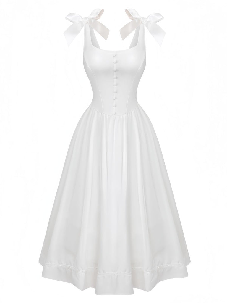 White 1940s Solid Lace-Up Button Dress - vintage dress, retro fashion, pure white
