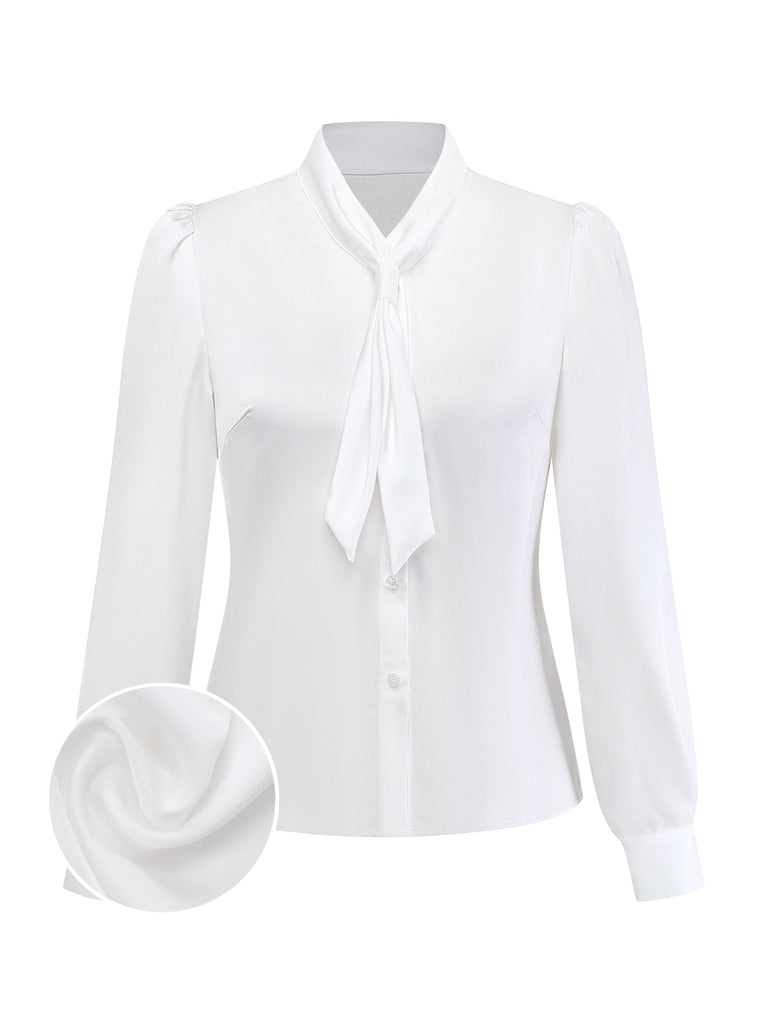 White 1940s Solid Tie Neck Satin Blouse - vintage fashion, retro style, pure white