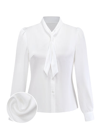 White 1940s Solid Tie Neck Satin Blouse - vintage fashion, retro style, pure white