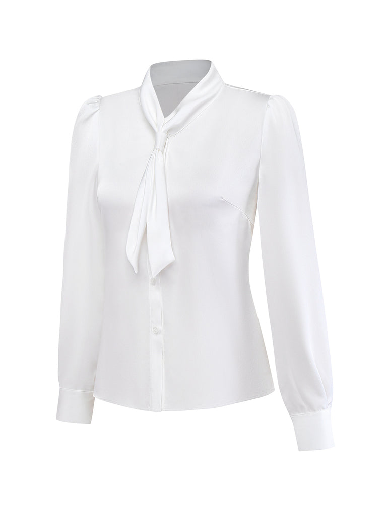 White 1940s Solid Tie Neck Satin Blouse - vintage fashion, retro style, pure white