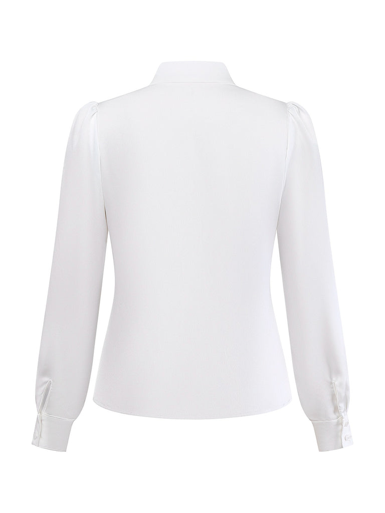 White 1940s Solid Tie Neck Satin Blouse - vintage fashion, retro style, pure white