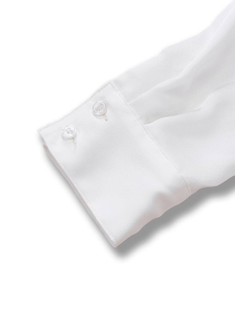 White 1940s Solid Tie Neck Satin Blouse - vintage fashion, retro style, pure white