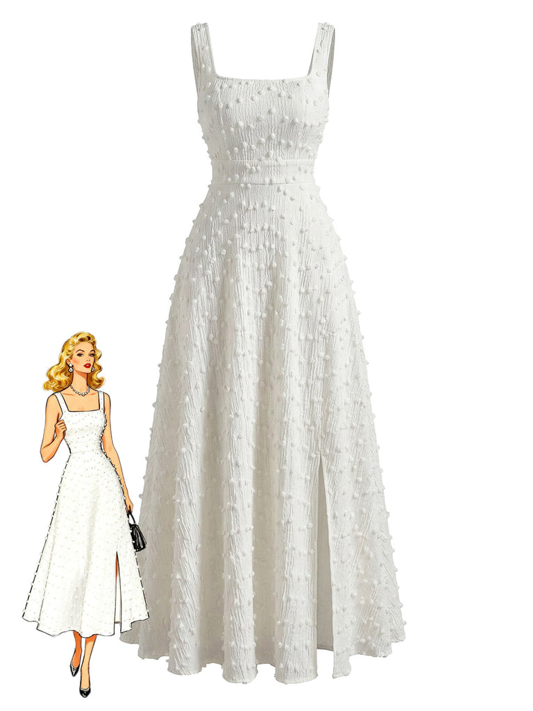 White 1940s Swiss Dot Square Neck Swing Dress 3