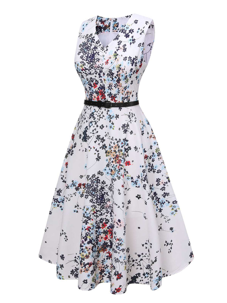 White 1940s V-Neck Floral Belted Sleeveless Dress: where 1940s romance meets her modern spirit
