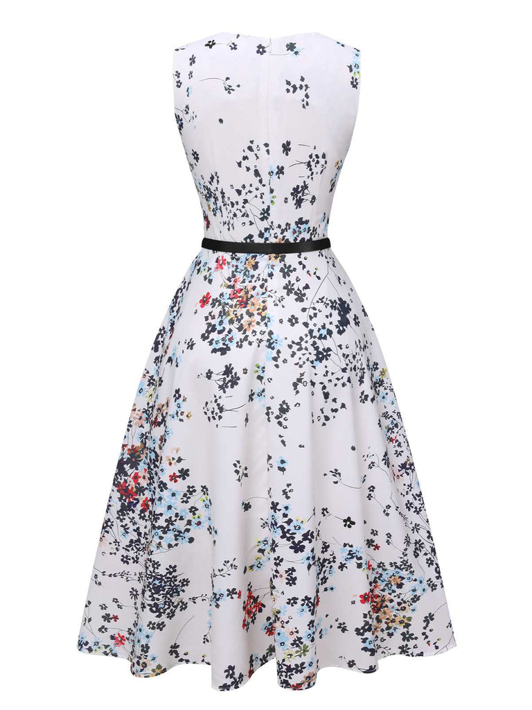 This White 1940s V-Neck Floral Belted Sleeveless Dress wraps her in 1940s elegance, one twirl at a time