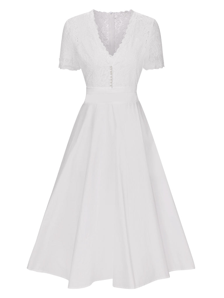 She slips into this White 1940s V-Neck Lace Patchwork Dress and suddenly it's a 1940s daydream