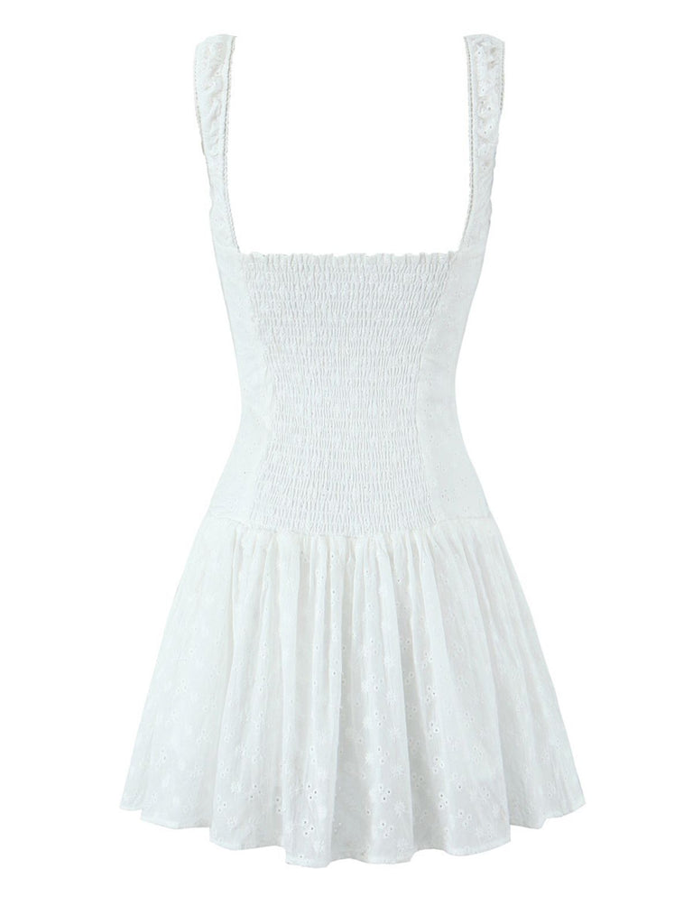 White 1950S Eyelet Embroidered Wide Strap Dress - vintage dress, retro fashion, rockabilly