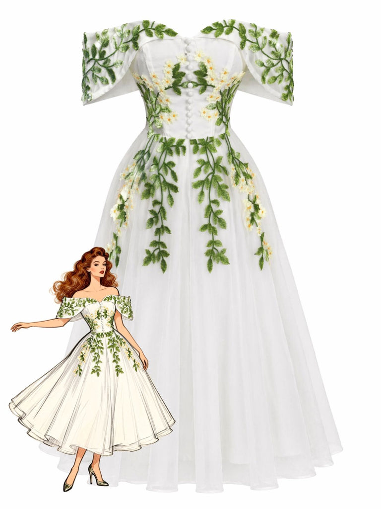 White 1950s Floral Vintage Classic Dress 3
