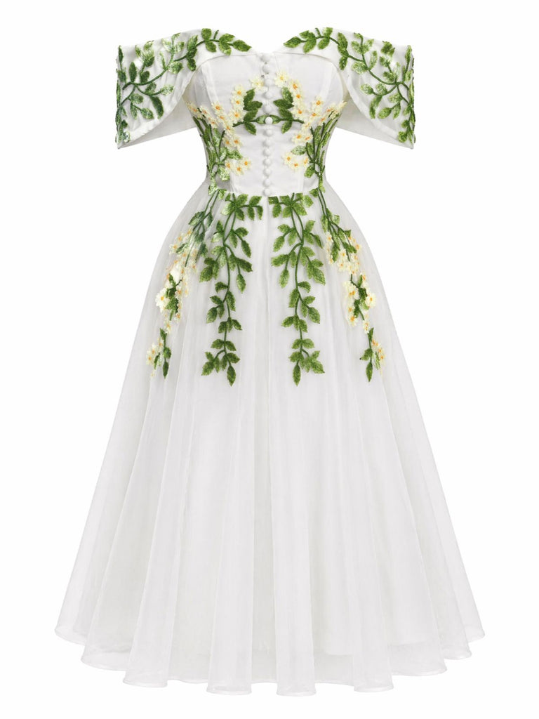 White 1950s Floral Vintage Classic Dress 4