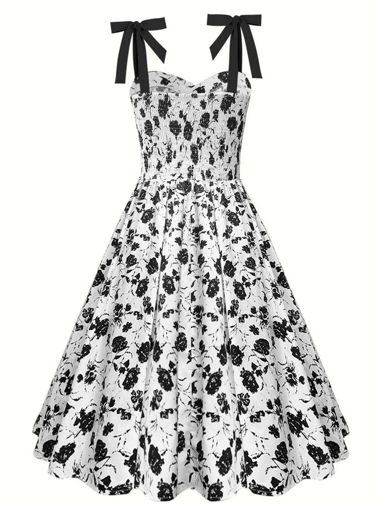 White 1950s Black Flowers Tie-Up Dress, vintage dress, retro fashion, rockabilly, pin-up fashion - perfect for women who love vintage and retro fashion