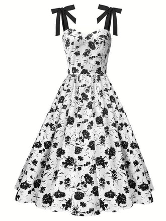 White 1950s Black Flowers Tie-Up Dress, vintage dress, retro fashion, rockabilly, pin-up fashion - perfect for women who love vintage and retro fashion