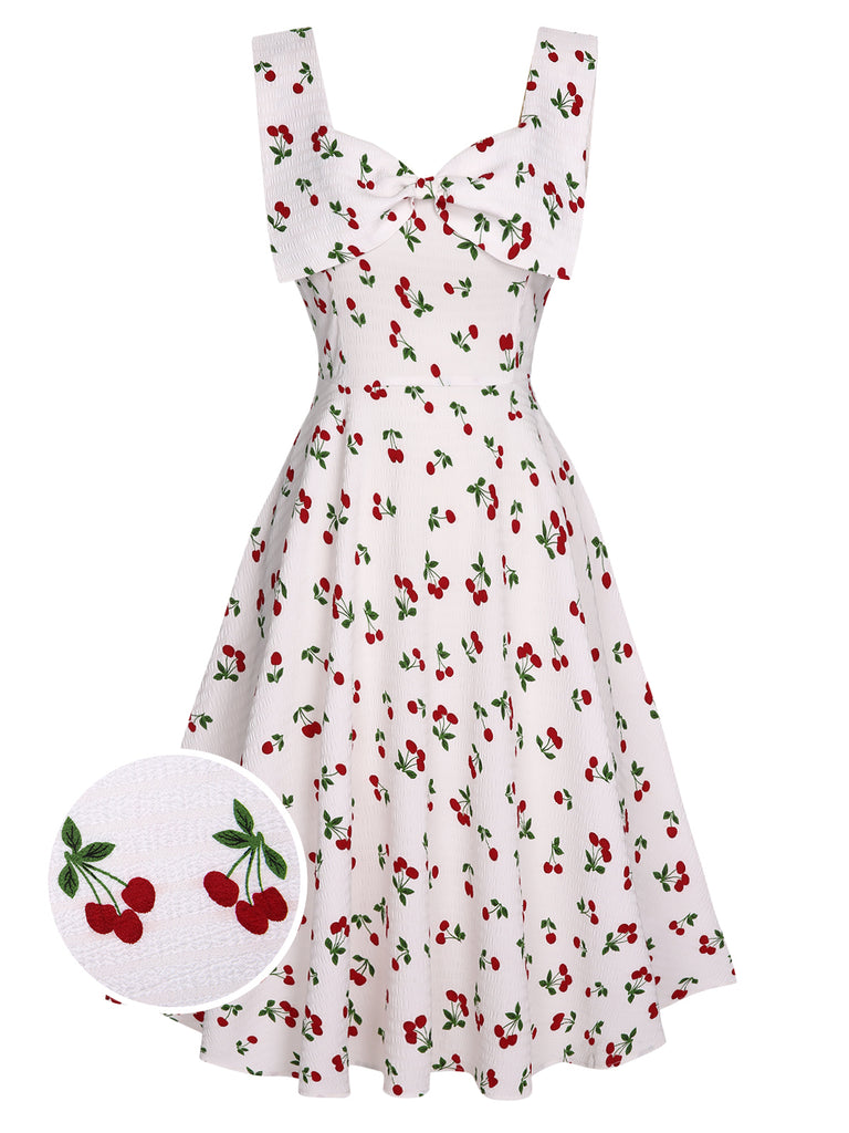 White 1950s Cherry Bow Sweetheart Neck Dress, vintage dress, retro fashion, rockabilly, pin-up fashion - perfect for women who love vintage and retro fashion