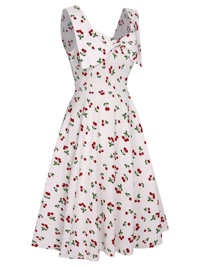 White 1950s Cherry Bow Sweetheart Neck Dress, vintage dress, retro fashion, rockabilly, pin-up fashion - perfect for women who love vintage and retro fashion