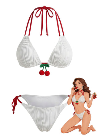 White 1950s Cherry Halter Tie-Side Ribbed Bikini Set - vintage swimsuit, pin-up swimwear for vintage lovers