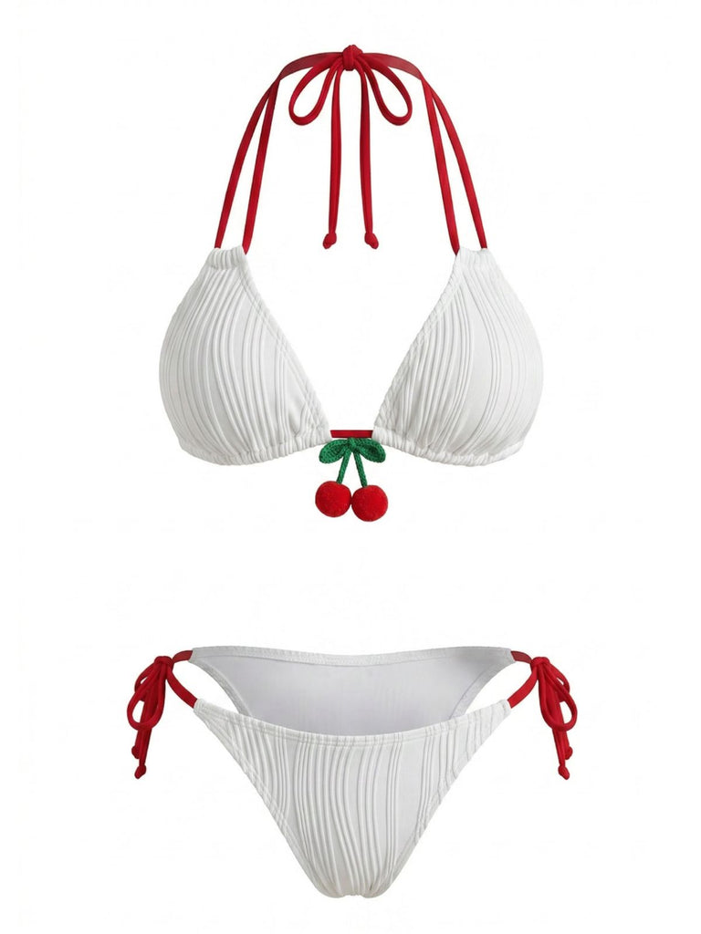 White 1950s Cherry Halter Tie-Side Ribbed Bikini Set - vintage swimsuit, pin-up swimwear for vintage lovers